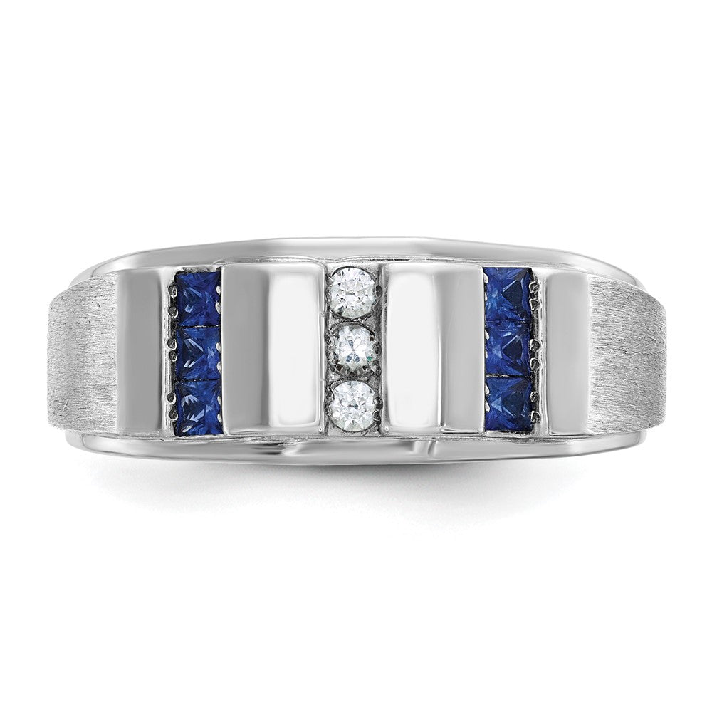 IBGoodman 14k White Gold Men's Polished and Satin 3-Row Lab Created Sapphire and 1/10 Carat AA Quality Diamond Ring Size 10