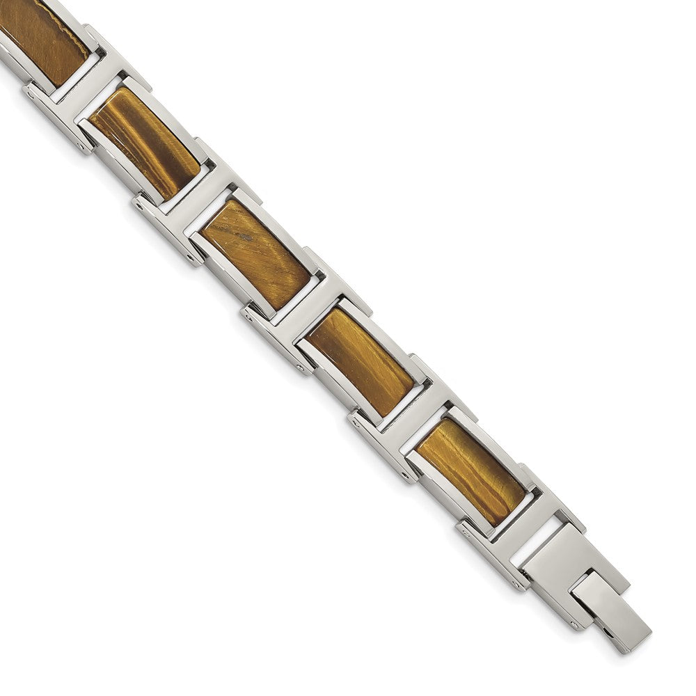 Stainless Steel Polished with Tiger's Eye Inlay 8.5in Link Bracelet 8.5 inches