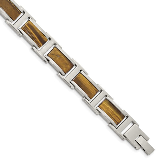 Stainless Steel Polished with Tiger's Eye Inlay 8.5in Link Bracelet 8.5 inches