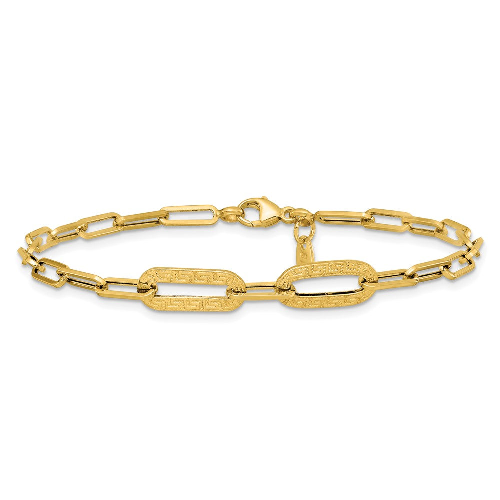14K Polished Textured Greek Key Paperclip Link Bracelet 7.5  inches