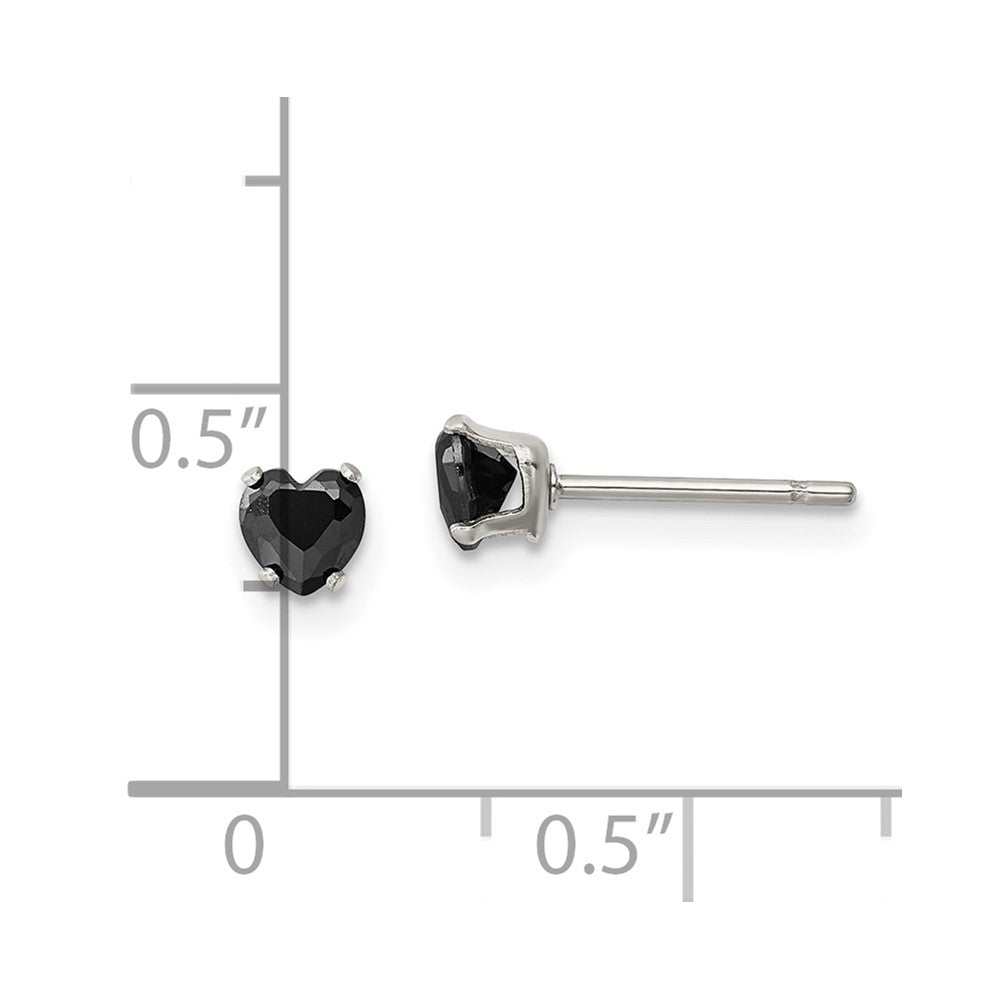 Stainless Steel Polished 4mm Black Heart CZ Stud Post Earrings