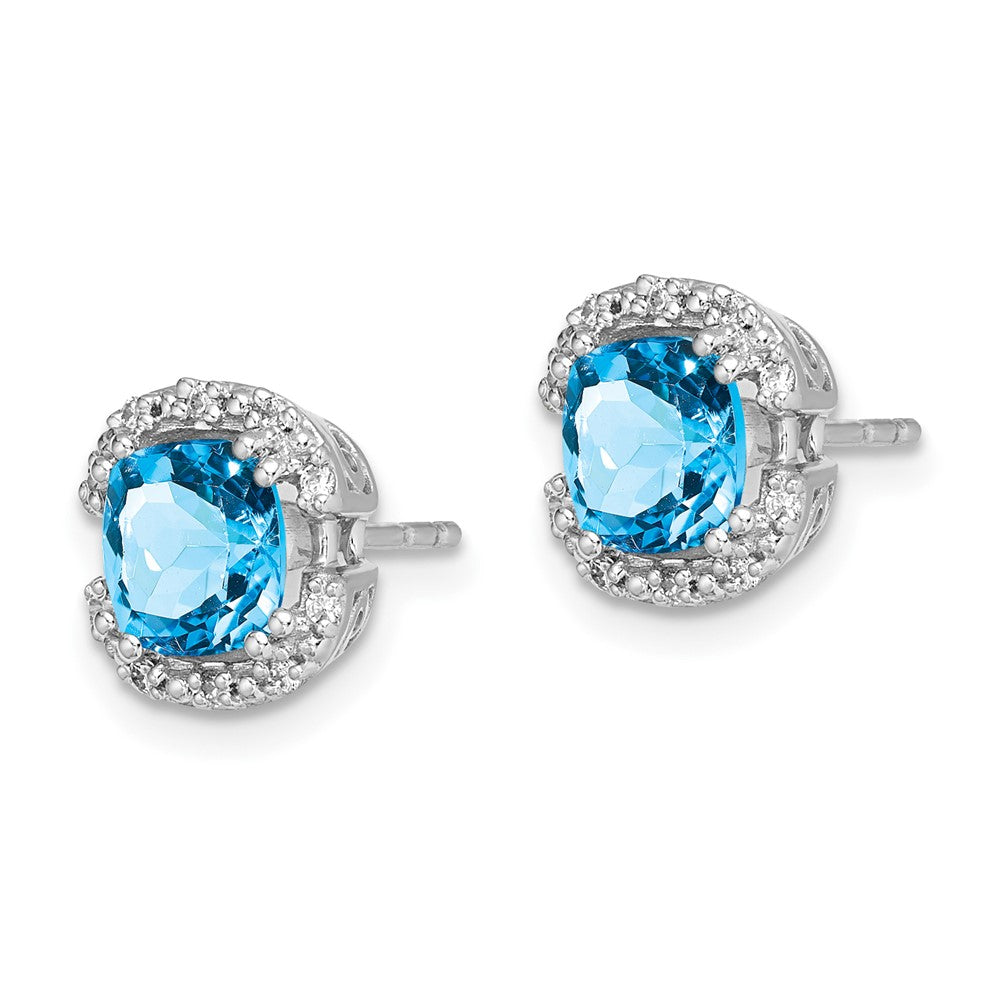 14k White Gold Cushion Blue Topaz and Diamond Halo Earrings