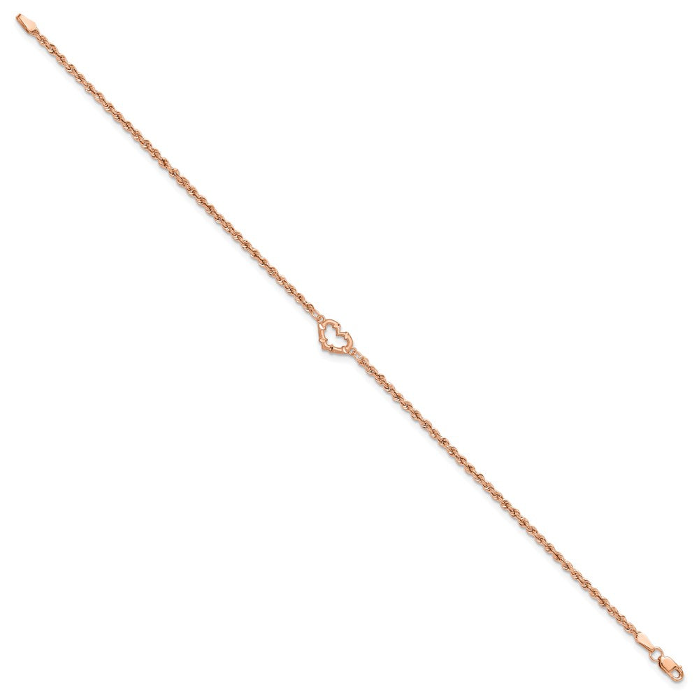 14k Rose Gold Diamond-cut Rope with Heart 10in Anklet