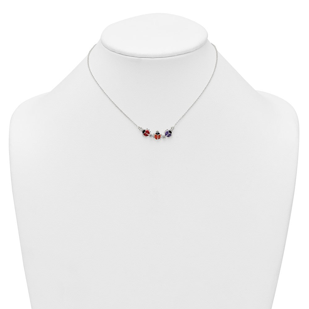 Sterling Silver Polished White CZ with Red/Orange/Purple Enameled Multicolor Ladybugs Childrens 14 inch Necklace