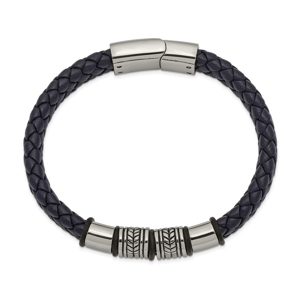 Stainless Steel Antiqued & Polished Blue Leather w/Silicone 8.25in Bracelet 8.25 inches