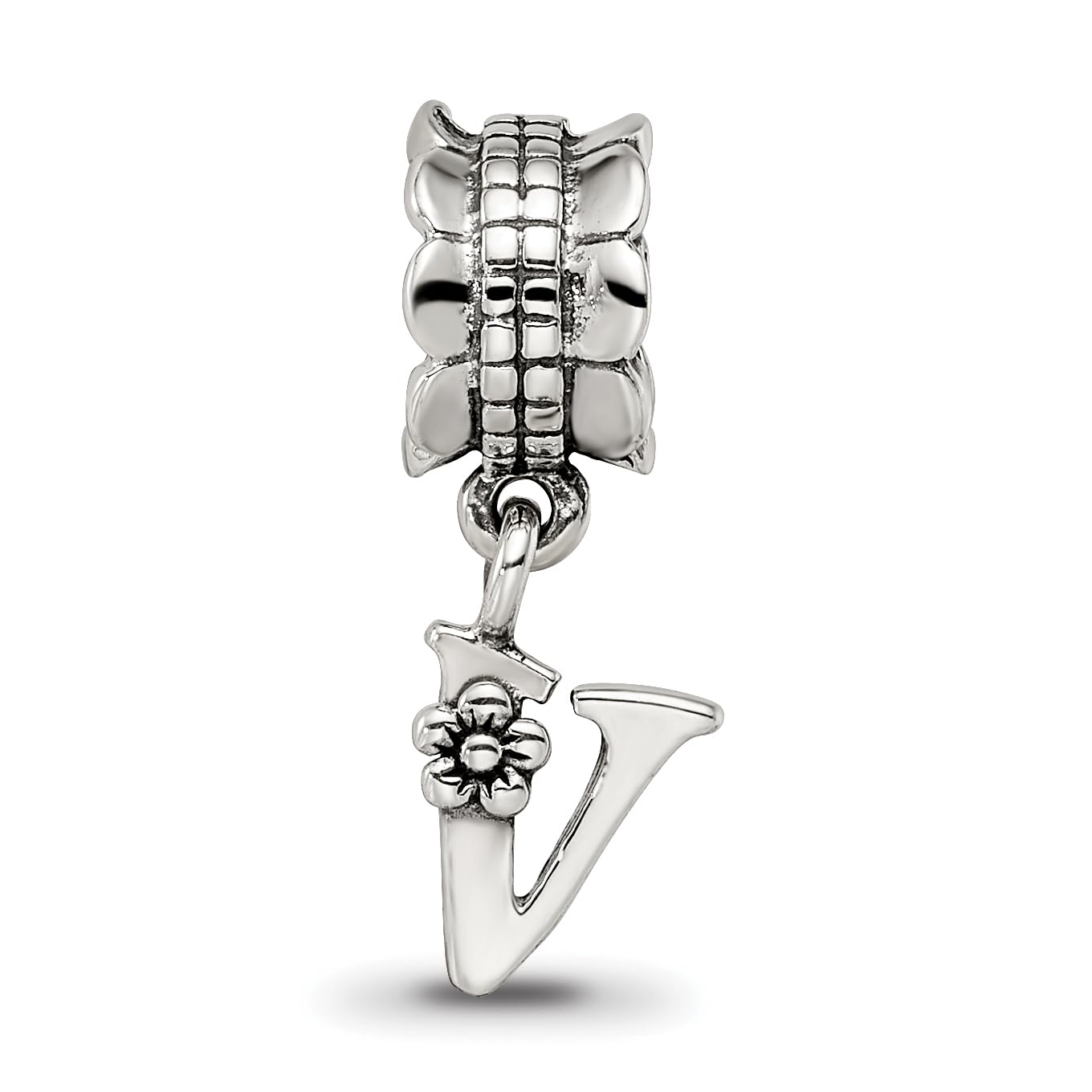 925 Sterling Silver Polished Artisan Oxidized Reflections Letter Name Personalized Monogram Initial V Dangle Bead Charm