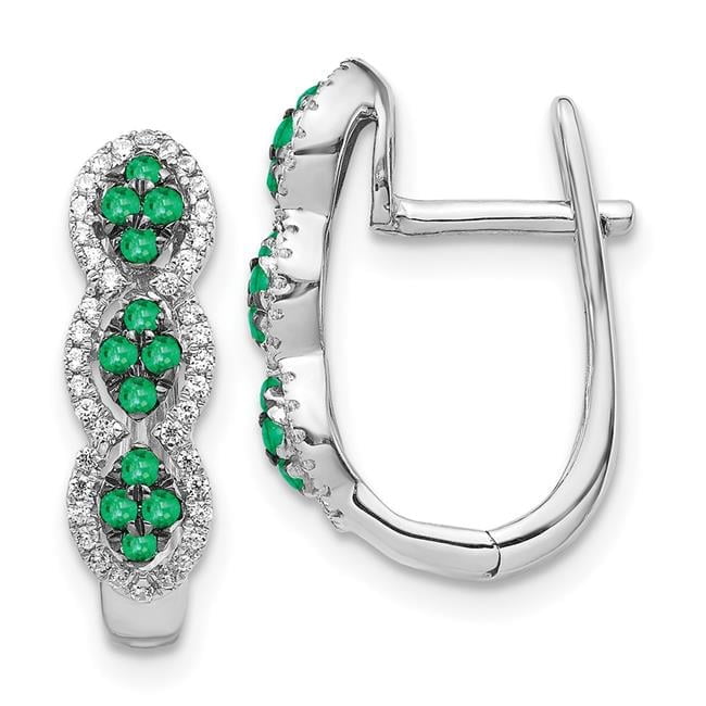 14k White Gold Emerald Cluster and Diamond Hinged Hoop Earrings
