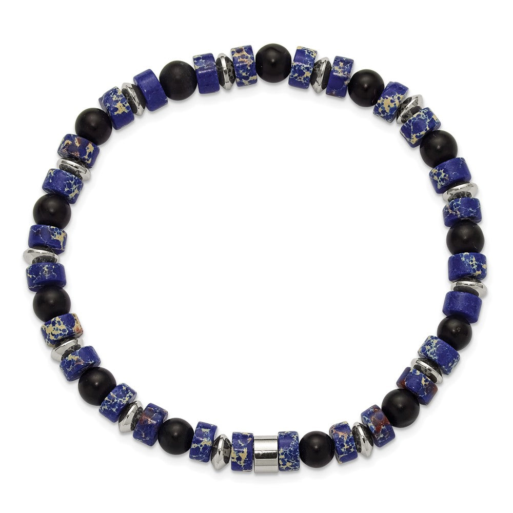 Chisel Stainless Steel Polished 6.40mm Blue Emperor and Black Onyx Beaded 7.5 inch Stretch Bracelet 7.25 inches