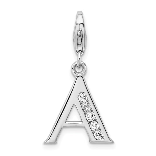 Amore La Vita Sterling Silver Rhodium-plated Polished CZ Letter A Initial Charm with Fancy Lobster Clasp