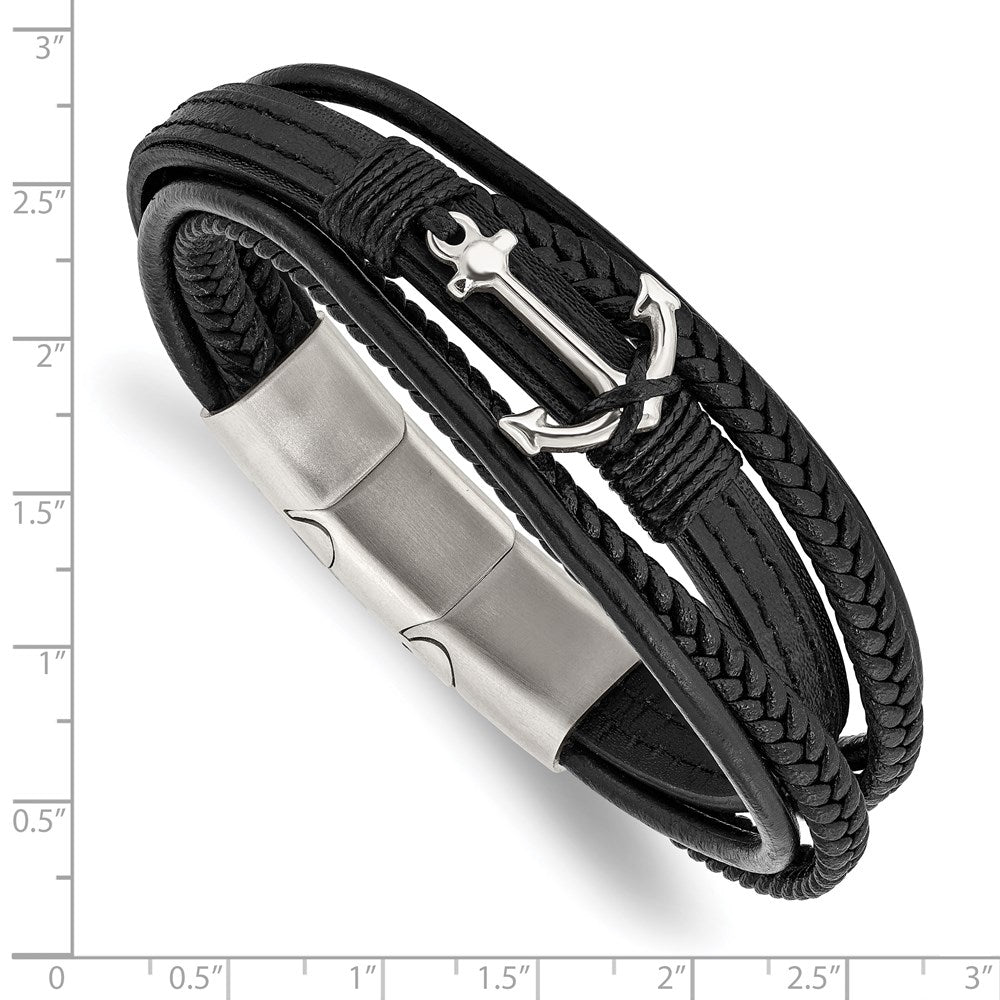 Stainless Steel Polished Anchor Genuine/PU Leather w/.5in ext Bracelet 7.25 inches