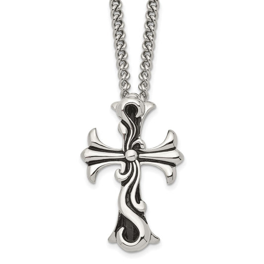 Stainless Steel Antiqued Polished & Textured Scroll Cross 22in Necklace