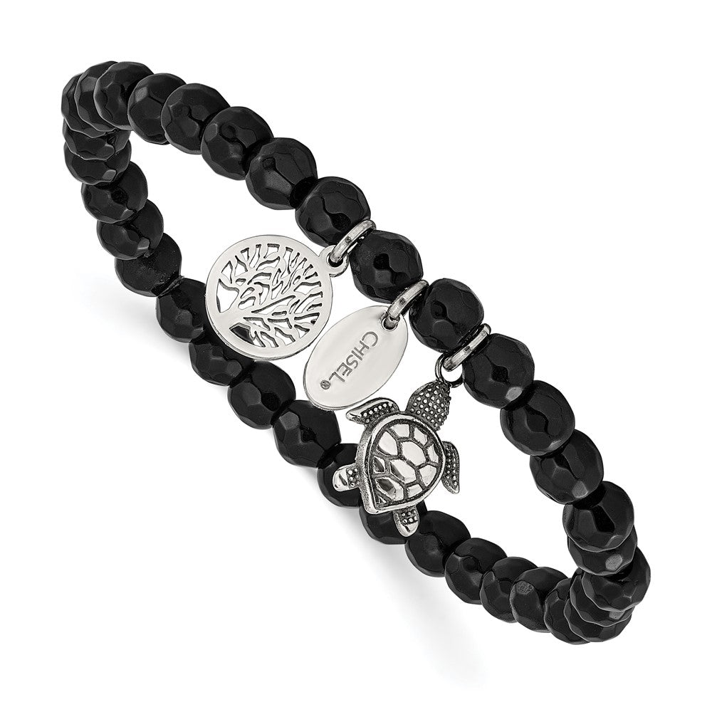 Chisel Stainless Steel Antiqued and Polished Turtle and Tree of Life Dangles 6mm Black Agate Beaded 6.25 inch Stretch Bracelet 6.25 inches