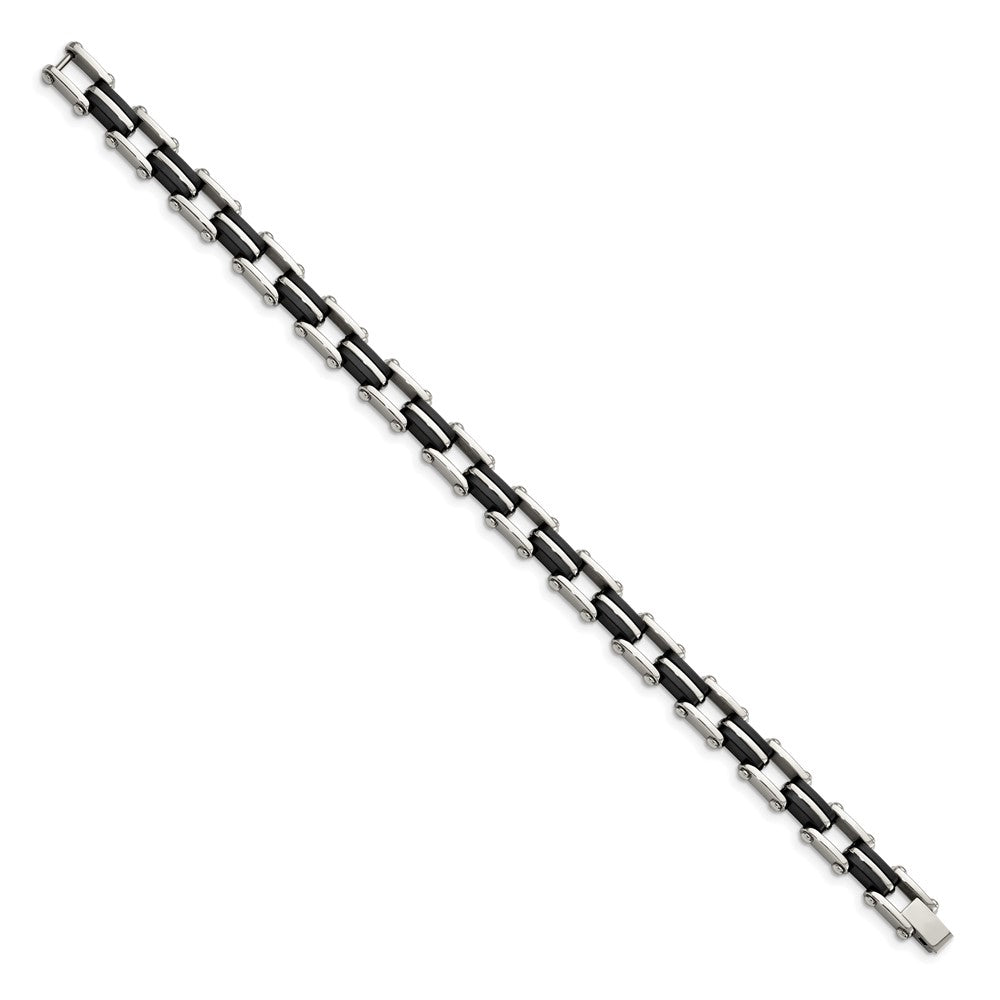 Stainless Steel Polished with Black Rubber 8.75in Bracelet 8.75 inches