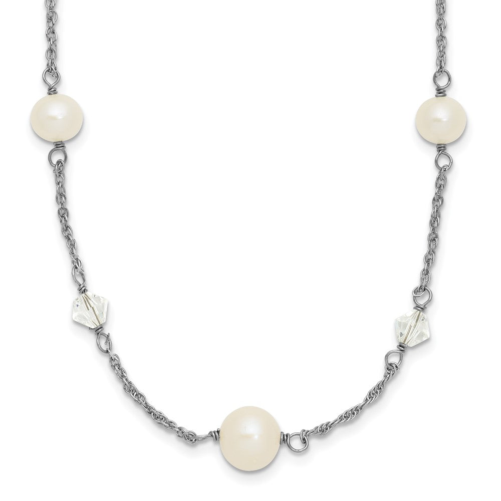Sterling Silver Rhodium-plated 6-10mm White Near-Round Freshwater Cultured Pearl and Glass 5-Station 17.5 inch with 2.5 inch Extension Necklace 17.5 Inches