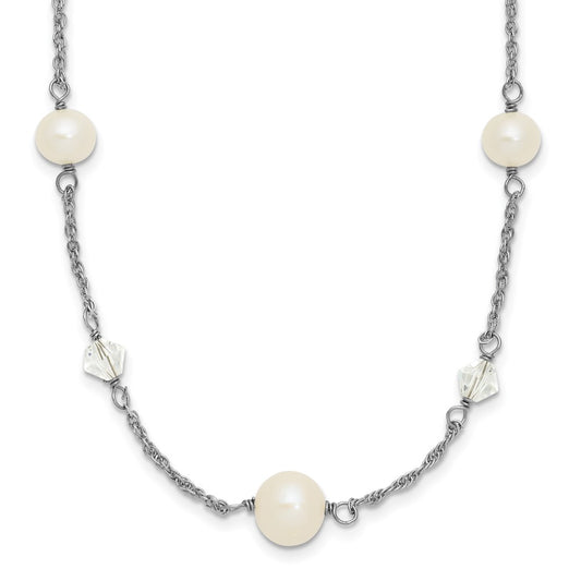 Sterling Silver Rhodium-plated 6-10mm White Near-Round Freshwater Cultured Pearl and Glass 5-Station 17.5 inch with 2.5 inch Extension Necklace 17.5 Inches