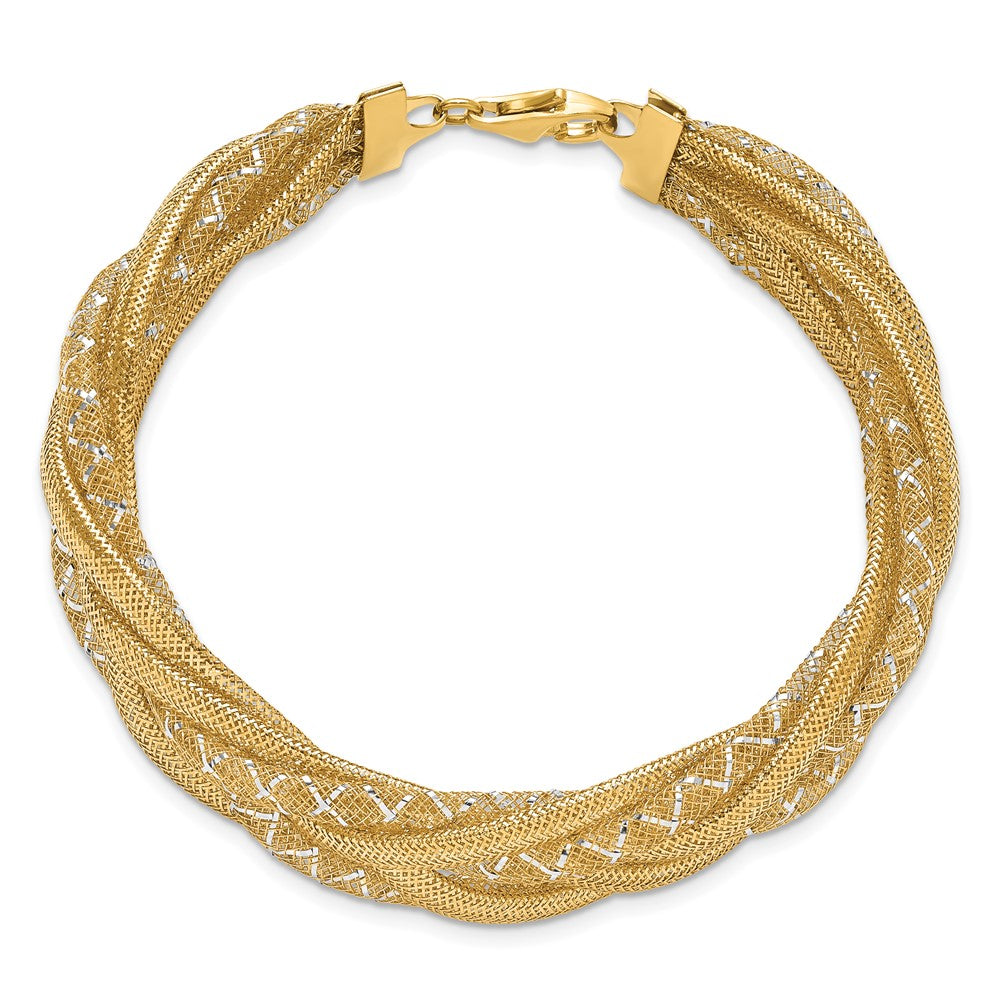 14K w/Rhodium Braided Mesh Stretch Bracelet 7  inches