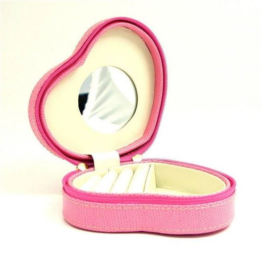 Pink Bonded Leather with Mirror Zippered Heart Jewelry Case GP9621