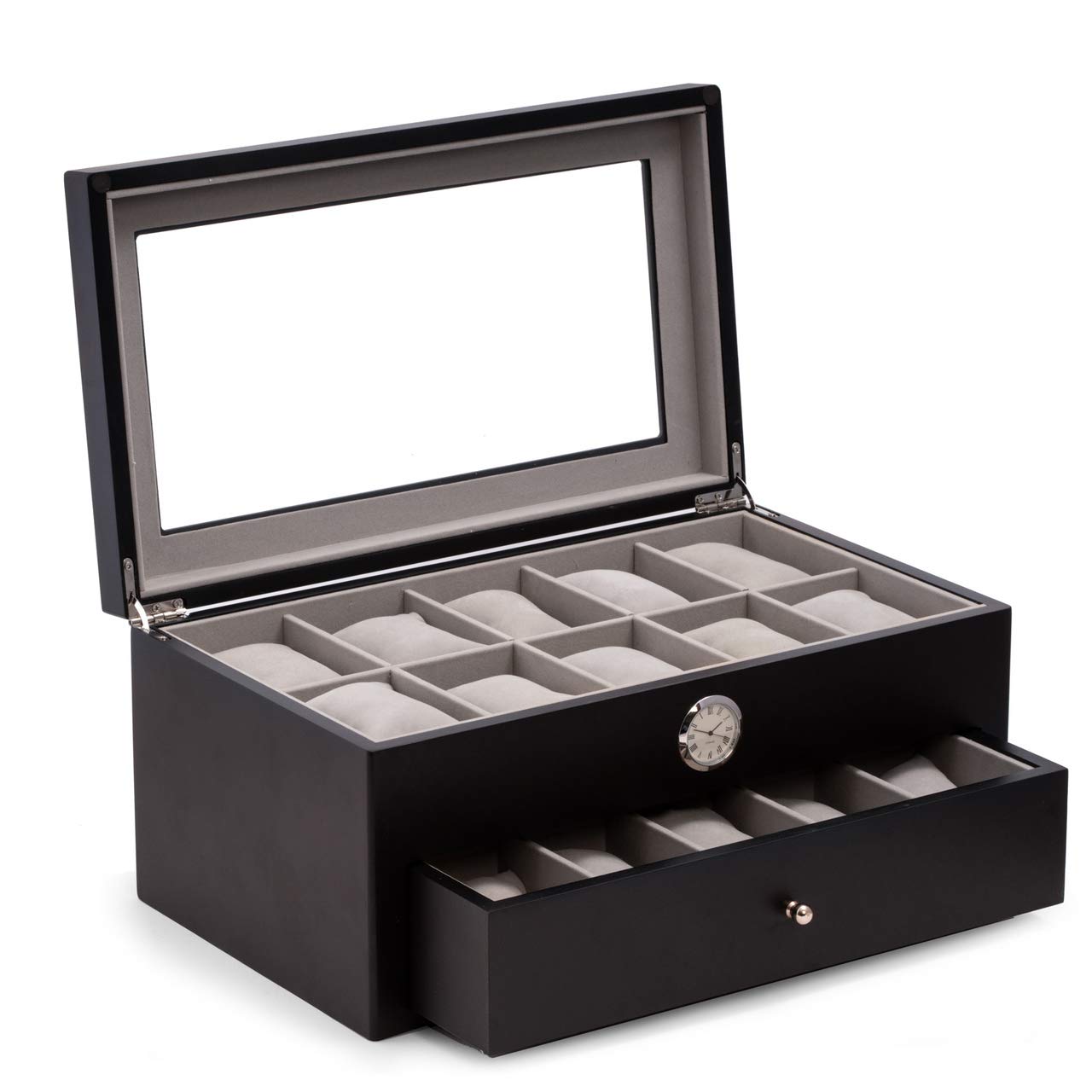 Black Wood Twenty Watch Box w/ Quartz Movement Clock