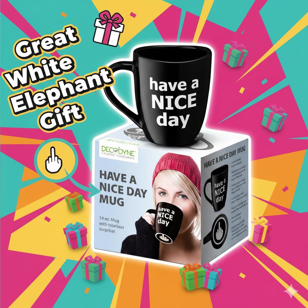 Decodyne Have a Nice Day Coffee Mug, Funny Cup with Middle Finger on the Bottom 14 oz. (Black)