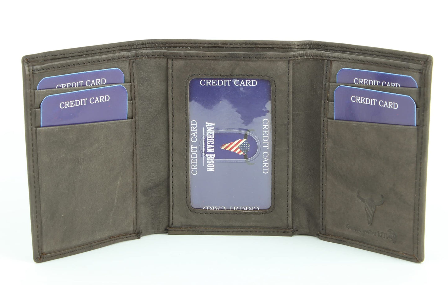 Brown Calf Skin Leather RFID Blocking 6-Slot Trifold Wallet with ID Window