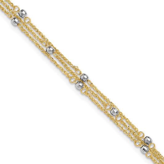 14k Two-tone Triple Strand 10in Plus 1in ext. Anklet