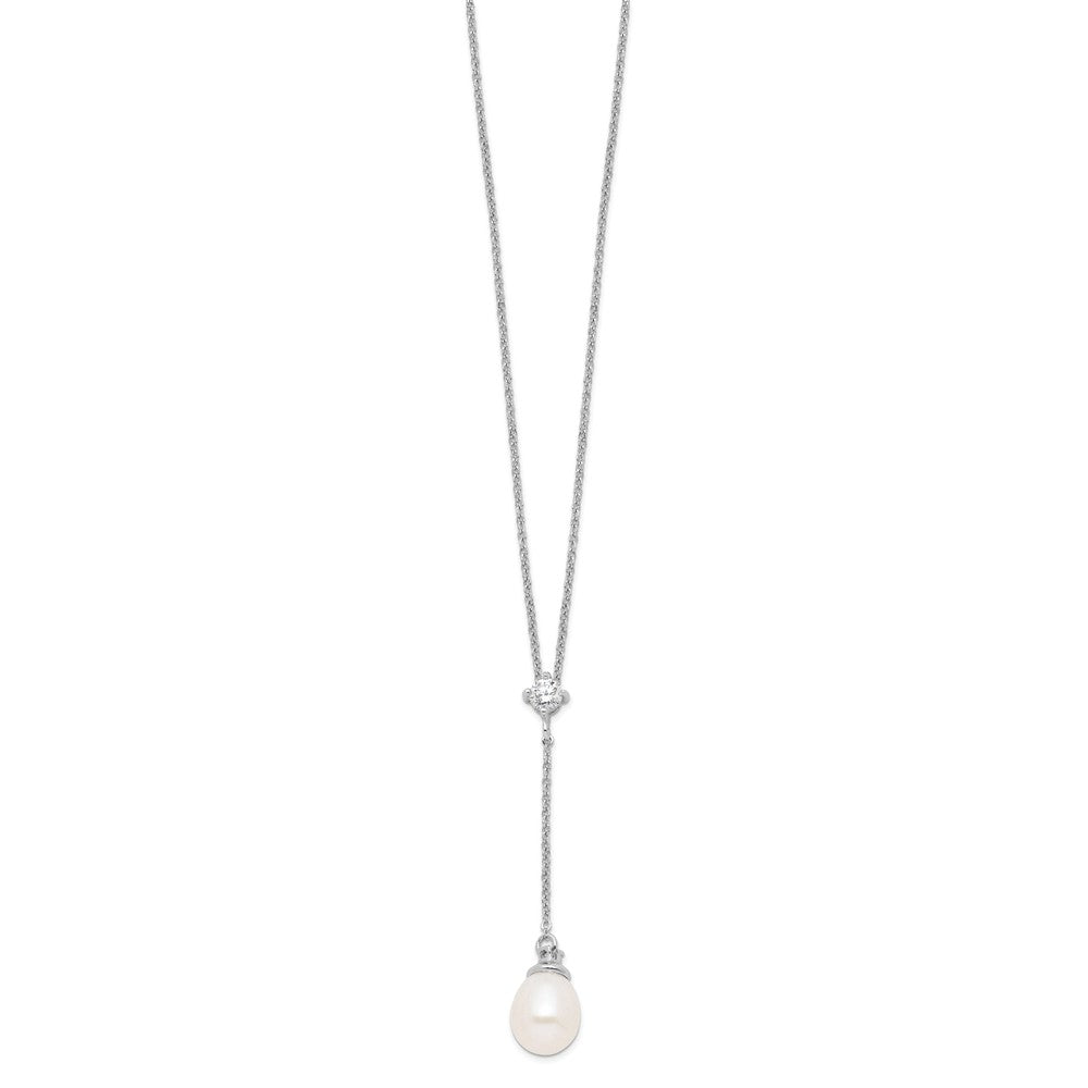 Sterling Silver Rhodium-plated 8-9mm White Teardrop Freshwater Cultured Pearl and CZ Drop 18 inch Necklace 18 Inches