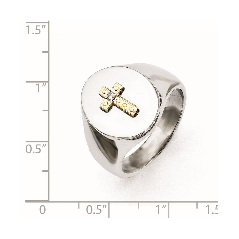 Stainless Steel Polished w/10K Gold Cross and .02ct Diamond Ring Size - 11