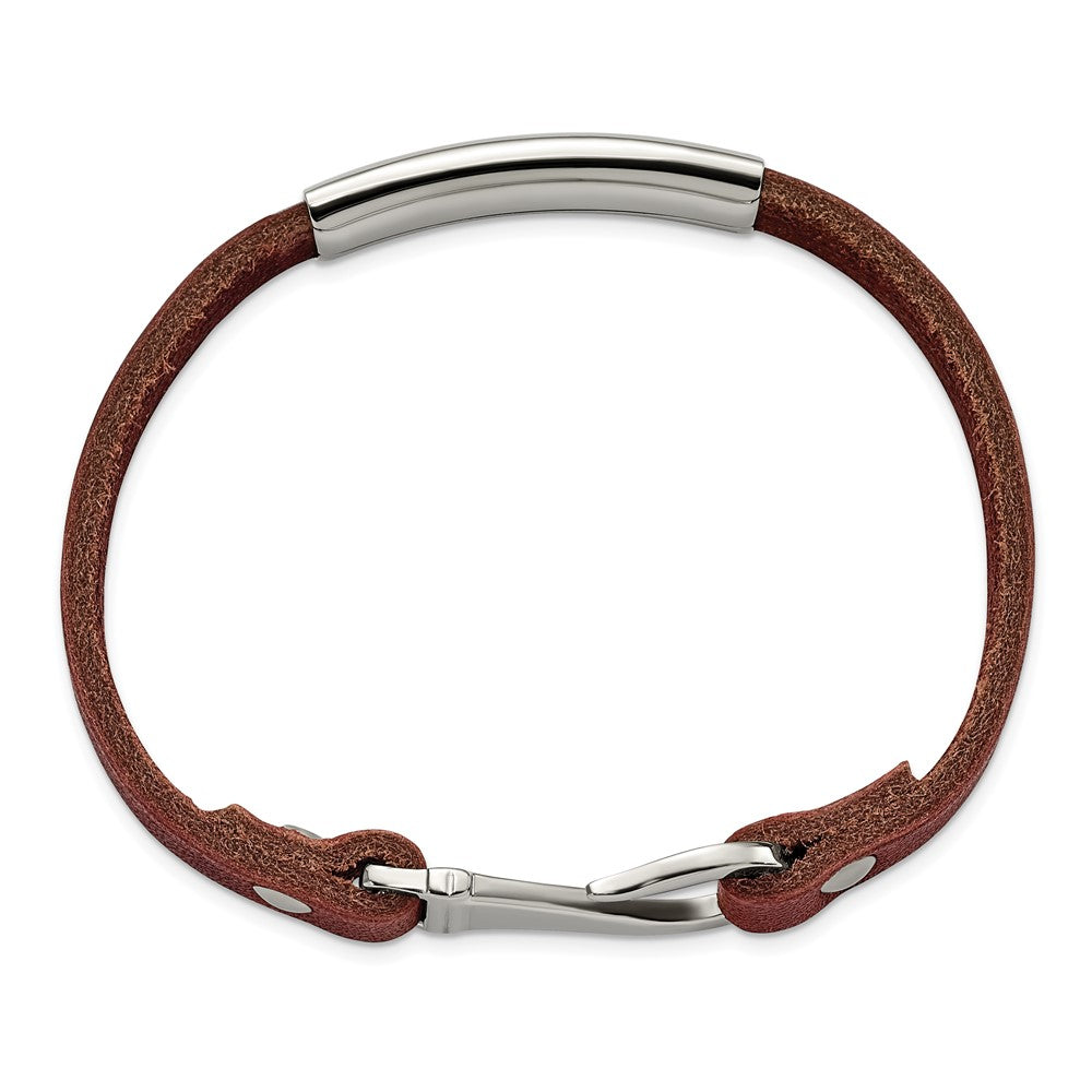 Stainless Steel Polished Brown Leather 8.5in ID Bracelet 8.5 inches