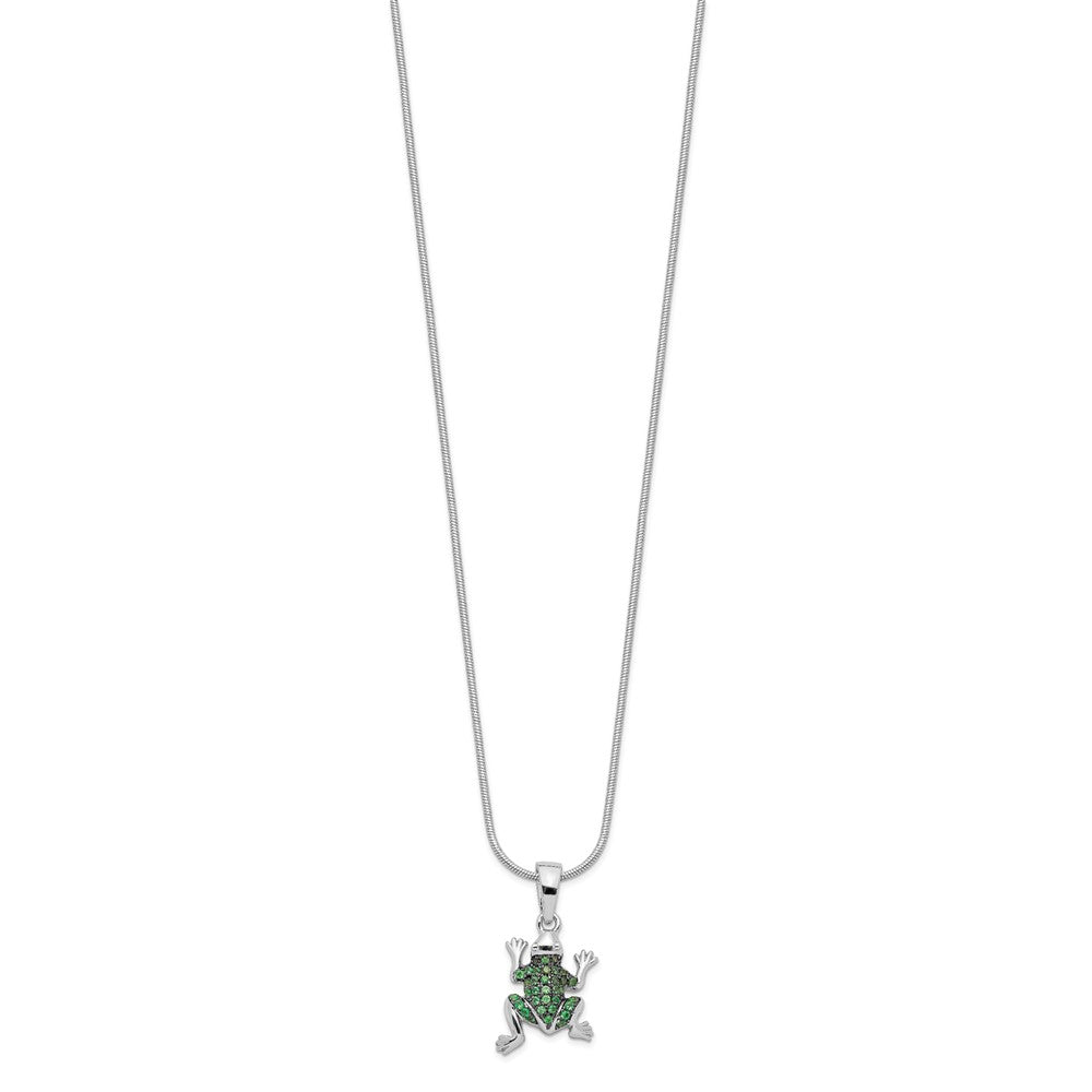 Brilliant Embers Sterling Silver Rhodium-plated 34 Stone 18 inch Micro Pav‚ Green CZ Frog Necklace with 2 Inch Extender 18 Inches