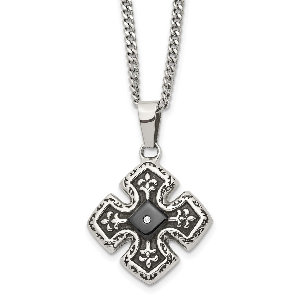 Stainless Steel Polished Black IP-plated w/CZ Celtic Cross 20in Necklace