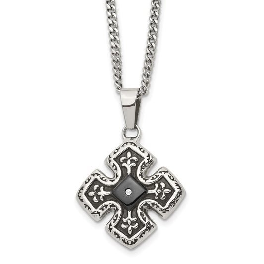 Stainless Steel Polished Black IP-plated w/CZ Celtic Cross 20in Necklace