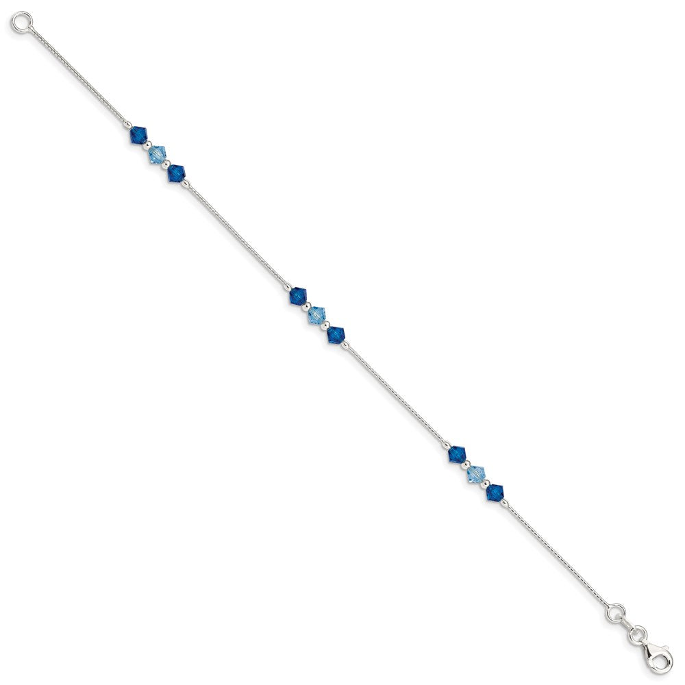 Sterling Silver Polished Aquamarine Capri Blue Glass Bead Bracelet 7.5 inches