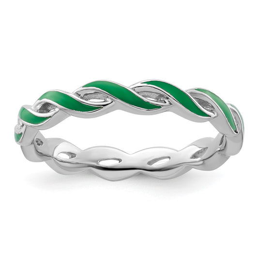 Sterling Silver Stackable Expressions Green Enamel Ring Size -9