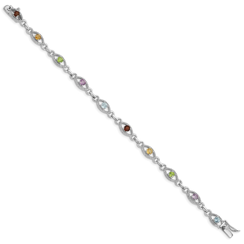 Sterling Silver 7in Rhod Plated Multicolored Gemstone Link Bracelet 7 inches