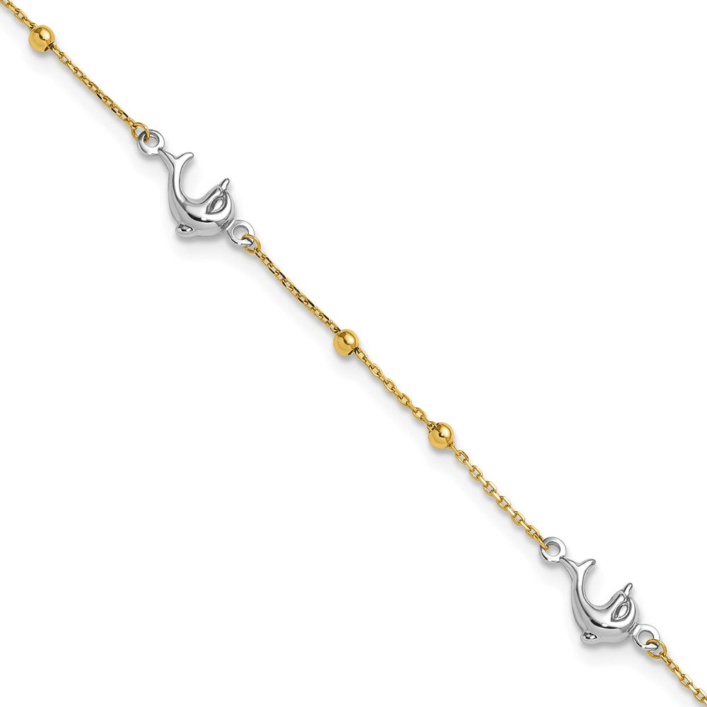 14K Two-tone Polished Beads and Three Dolphins 9 inch with 1 inch Extender Anklet