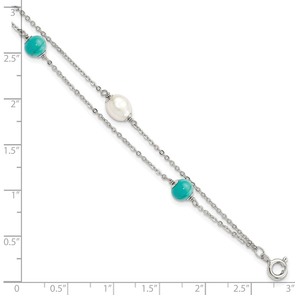 Sterling Silver Rhodium-plated Turquoise/FWC Pearl w/1in Ext Bracelet 7 inches
