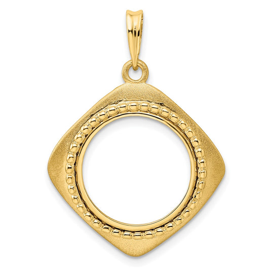 Wideband Distinguished Coin Jewelry 14k Polished Textured and Beaded Diamond Shaped 16.5mm Prong Coin Bezel Pendant