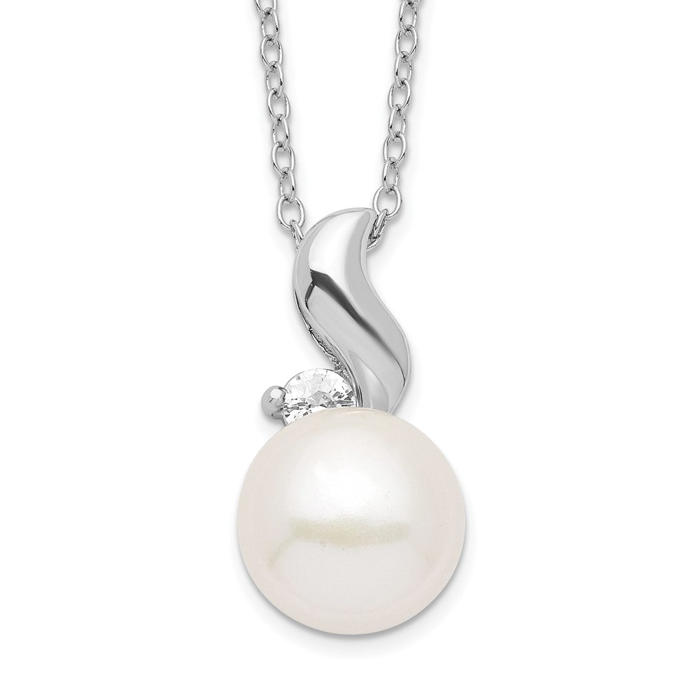 Sterling Silver Rhodium-plated 9-10mm White Button Freshwater Cultured Pearl and CZ 17 inch Necklace 17 Inches