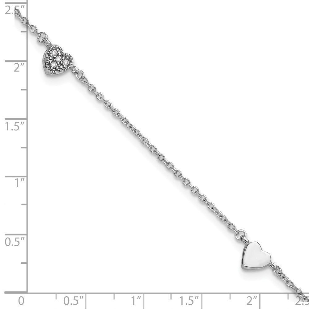 Sterling Silver Rhodium-plated CZ 9in Plus 1in Ext Heart Anklet 9 inches