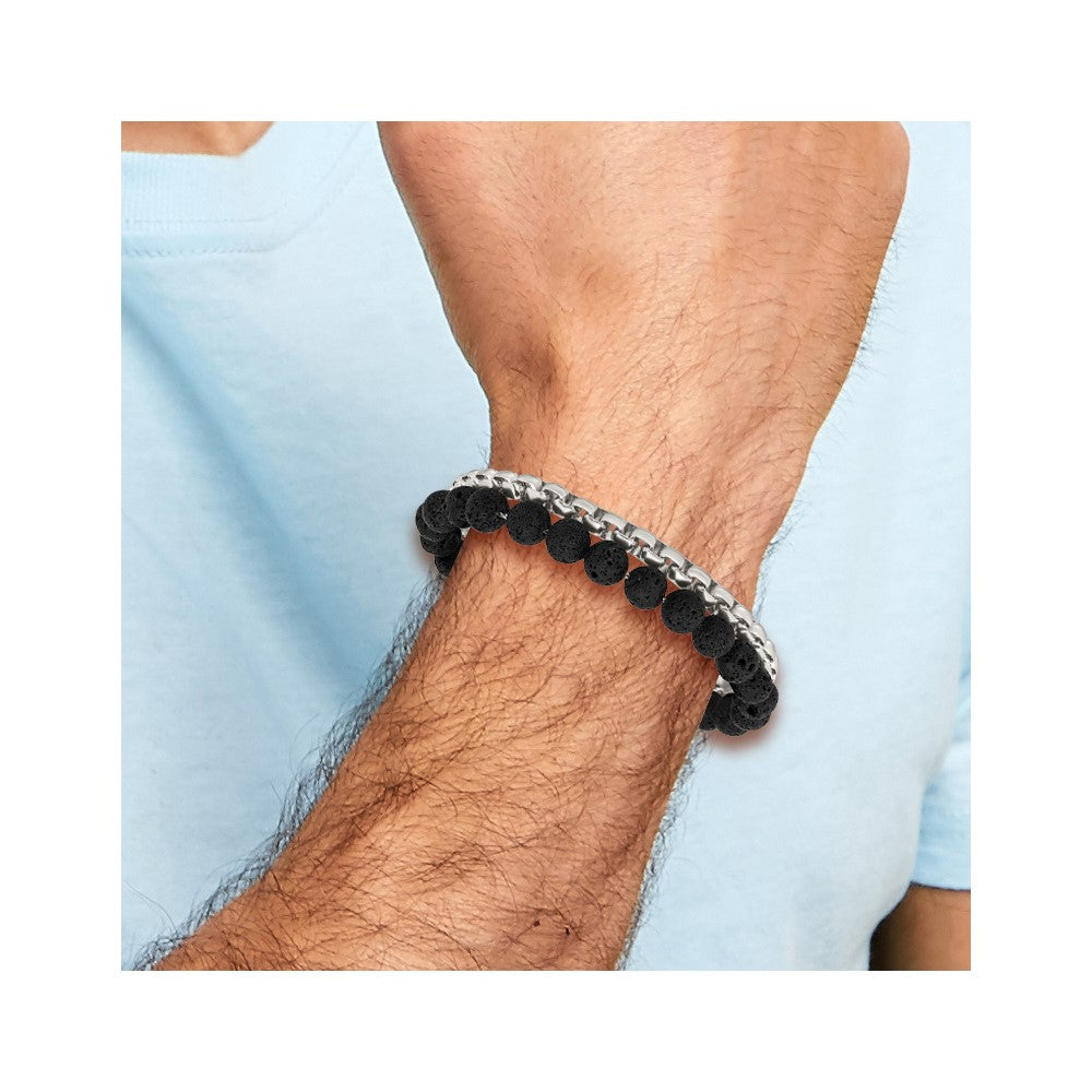 Stainless Steel Polished Box Chain & Lava Stone 2 Stand 8.5in Bracelet