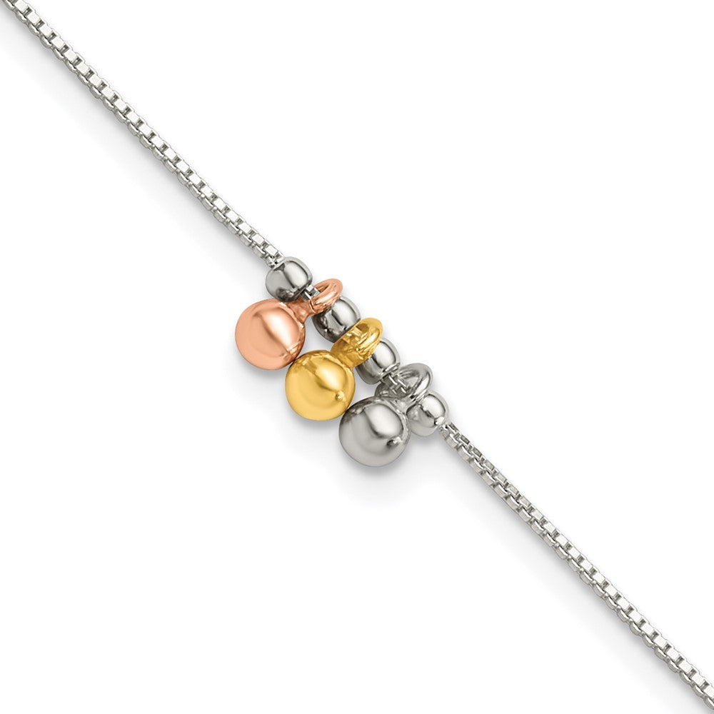 Sterling Silver with Rose and Gold-Tone Dangle Beads 9in Plus 1in ext Ankle 9 inches