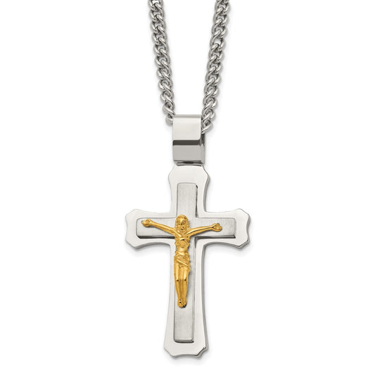 Stainless Steel Brushed and Polished Yellow IP-plated Crucifix Necklace