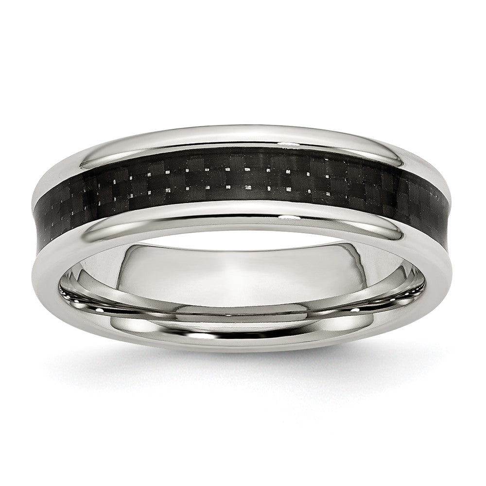 Stainless Steel Polished w/ Black Carbon Fiber Inlay 6mm Band Size - 7.5
