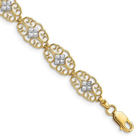 14k and White Rhodium Diamond-Cut Fancy Bracelet 7.5  inches