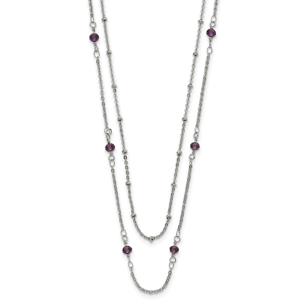 Stainless Steel Polished 2-Strand Purple Crystal Beaded w/1in ext. Necklace