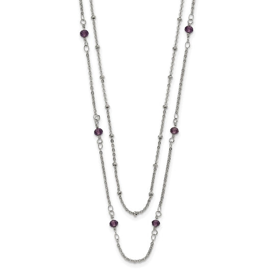 Stainless Steel Polished 2-Strand Purple Crystal Beaded w/1in ext. Necklace