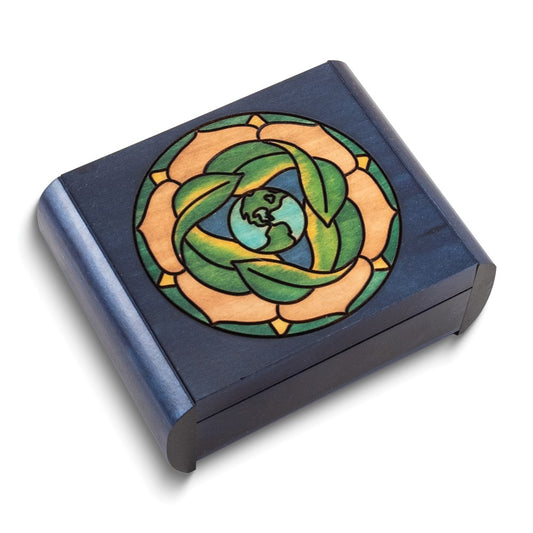 Handcrafted Solid Wood Blue Floral Earth Carved and Painted Secret Puzzle Box