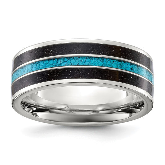 Chisel Titanium Polished with Turquoise and Black Star Sandstone Inlay 8mm Band Size - 10