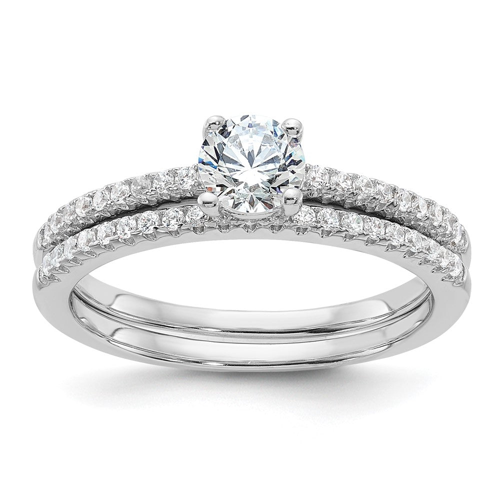 Brilliant Embers Sterling Silver Rhodium-plated 40 Stone Micro Pav‚ CZ 2 Piece Wedding Ring Set
