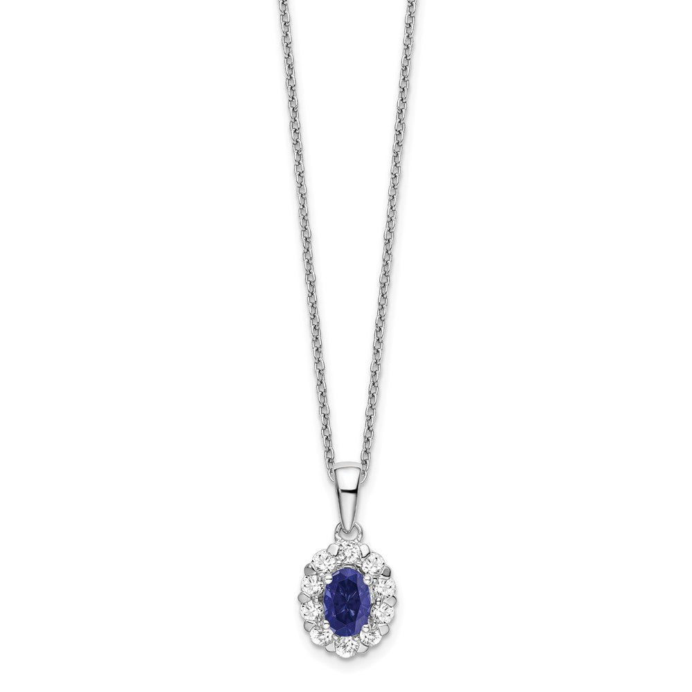 14k White Gold 1/2 carat Lab Grown Diamond VS/SI+ G+ and Oval Lab Created Blue Sapphire 18 inch Halo Pendant Necklace